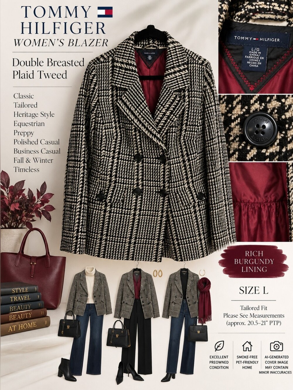 EUC Tommy Hilfiger Houndstooth Plaid Tweed Double Breasted Blazer Jacket L
